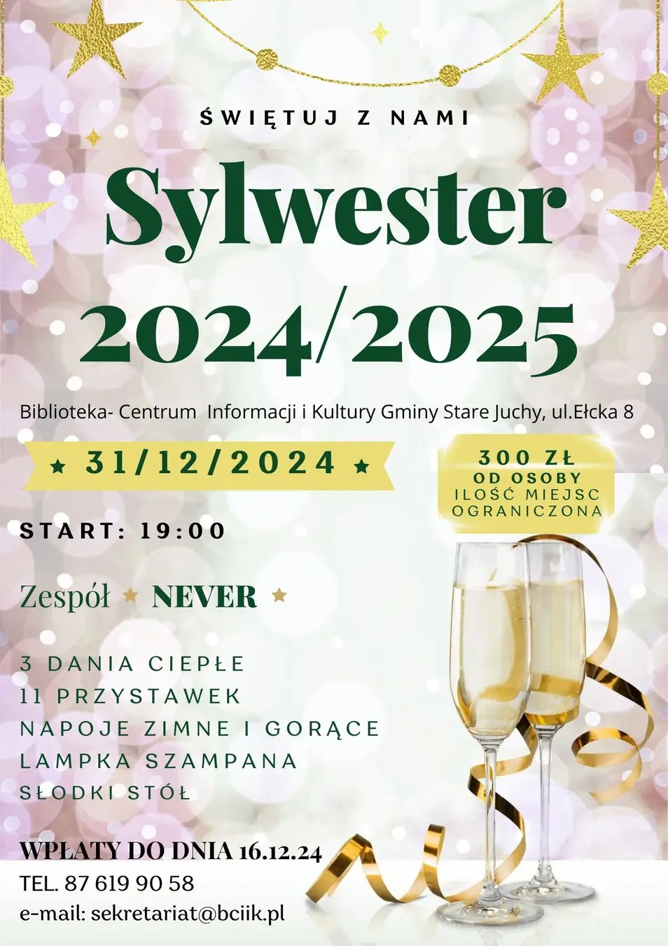 Plakat sylwestrowy zespołu Never — Sylwester 2024/2025 w Starych Juchach